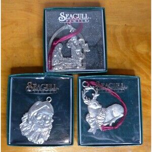 Lot 3 Seagull Pewter Ornaments Nativity, Santa, Reindeer Christmas Metal